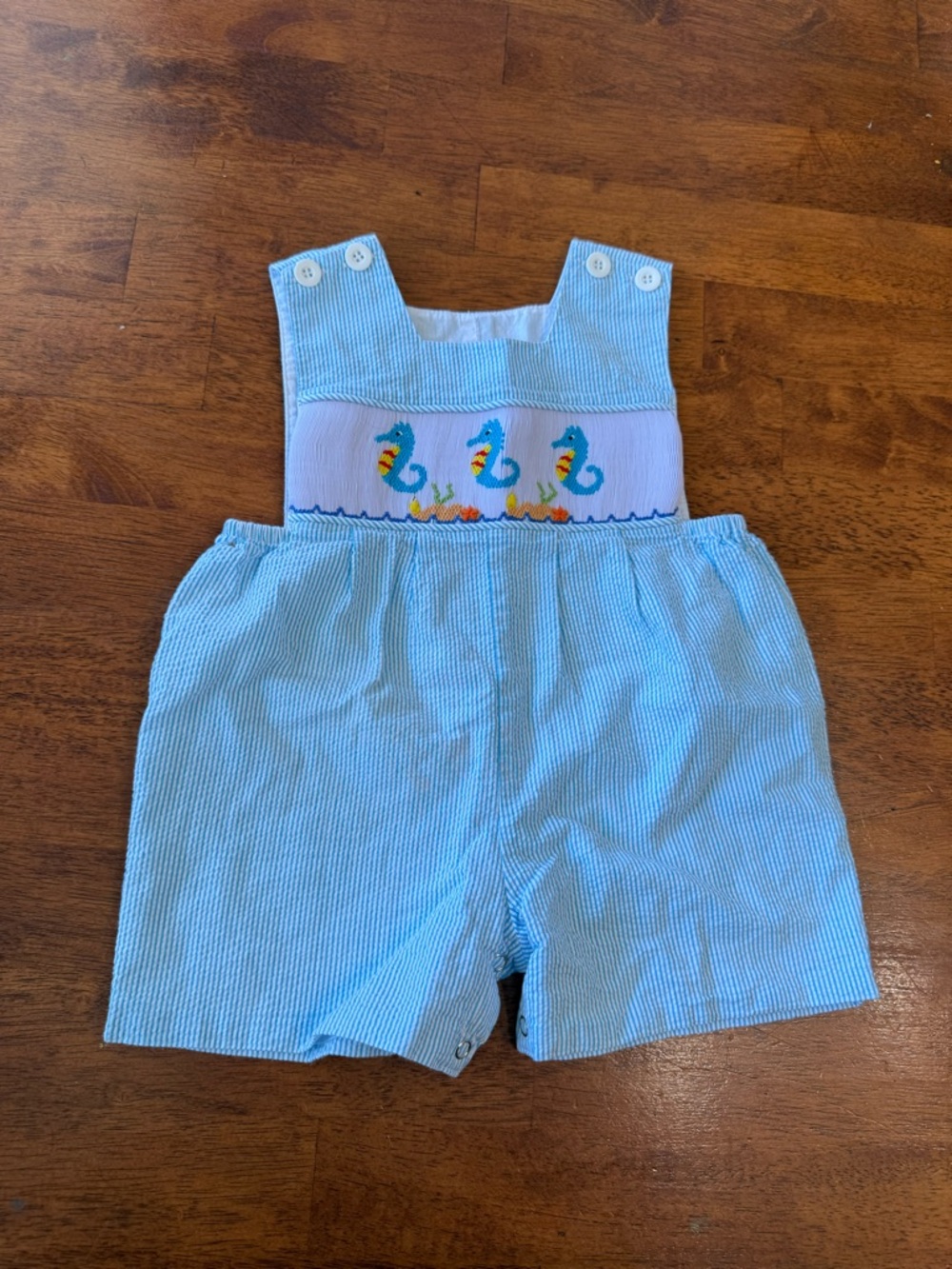 Remember Nguyen Smocked Seersucker Shortall Romper Seahorse Beach Blue 18M